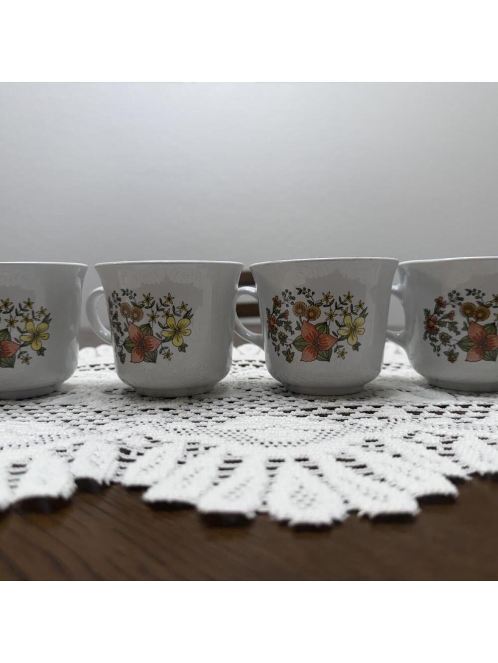 Set of 4 Corelle Floral Coffee Cups with orange, yellow, and green flowers